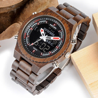 Full Wood Watch Quartz Watch Dual Movement Multi-function LED Watch