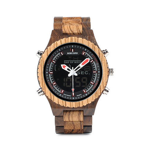 Full Wood Watch Quartz Watch Dual Movement Multi-function LED Watch