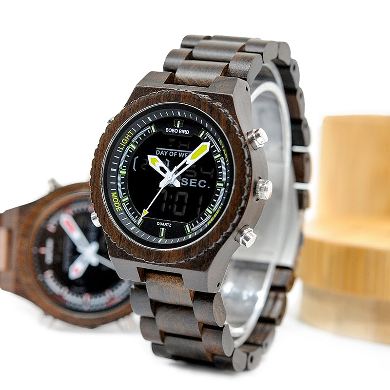 Full Wood Watch Quartz Watch Dual Movement Multi-function LED Watch