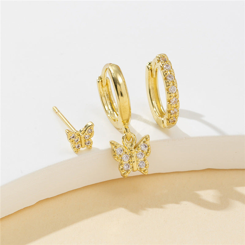 New Copper Inlaid Zirconium Butterfly Studs Ear Clip Set