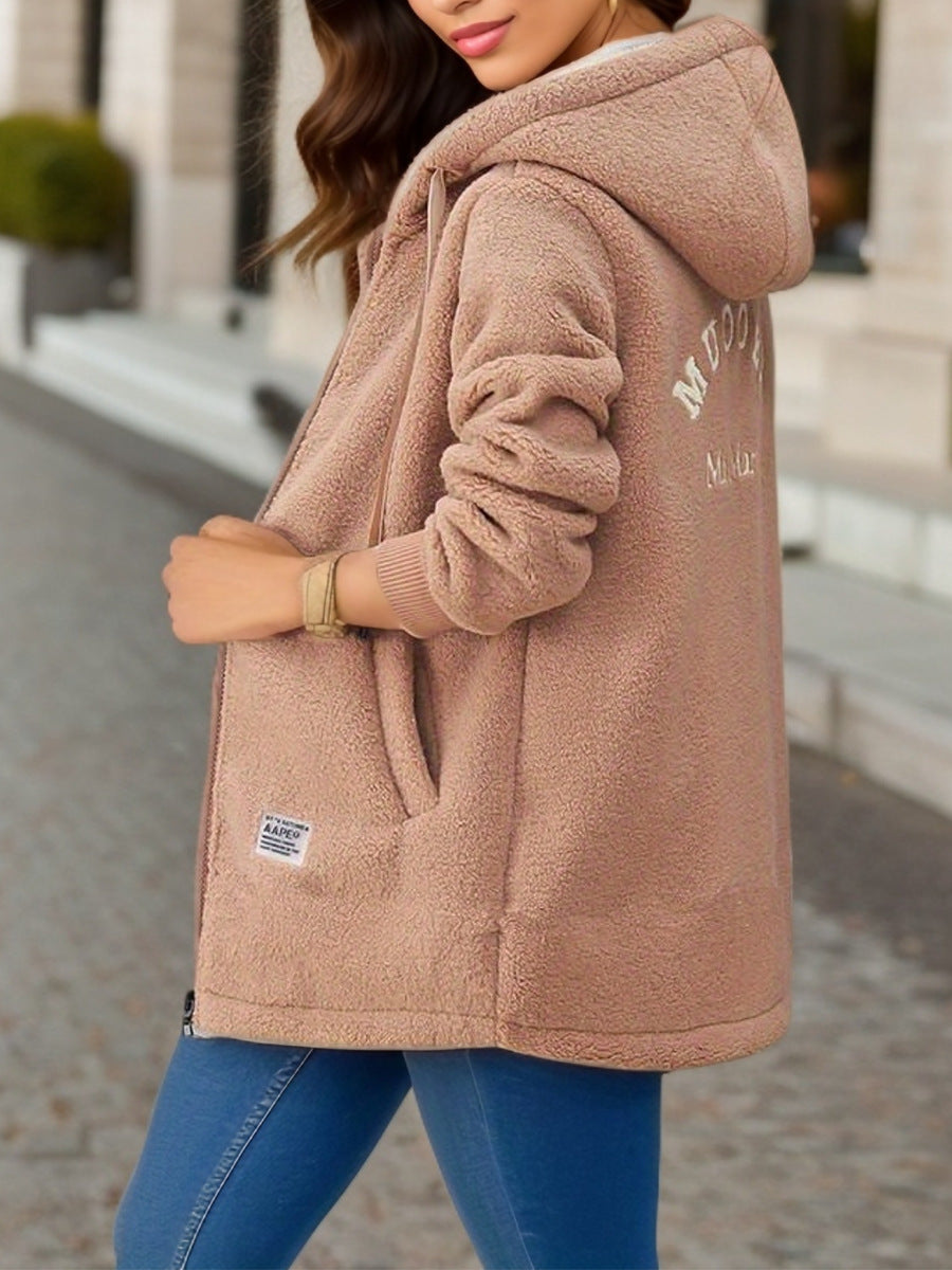 Winter Fleece Hooded Jacket Fashion Casual Zip-up Pockets Long Sweatshirt Warm Commuter Women's Clothing