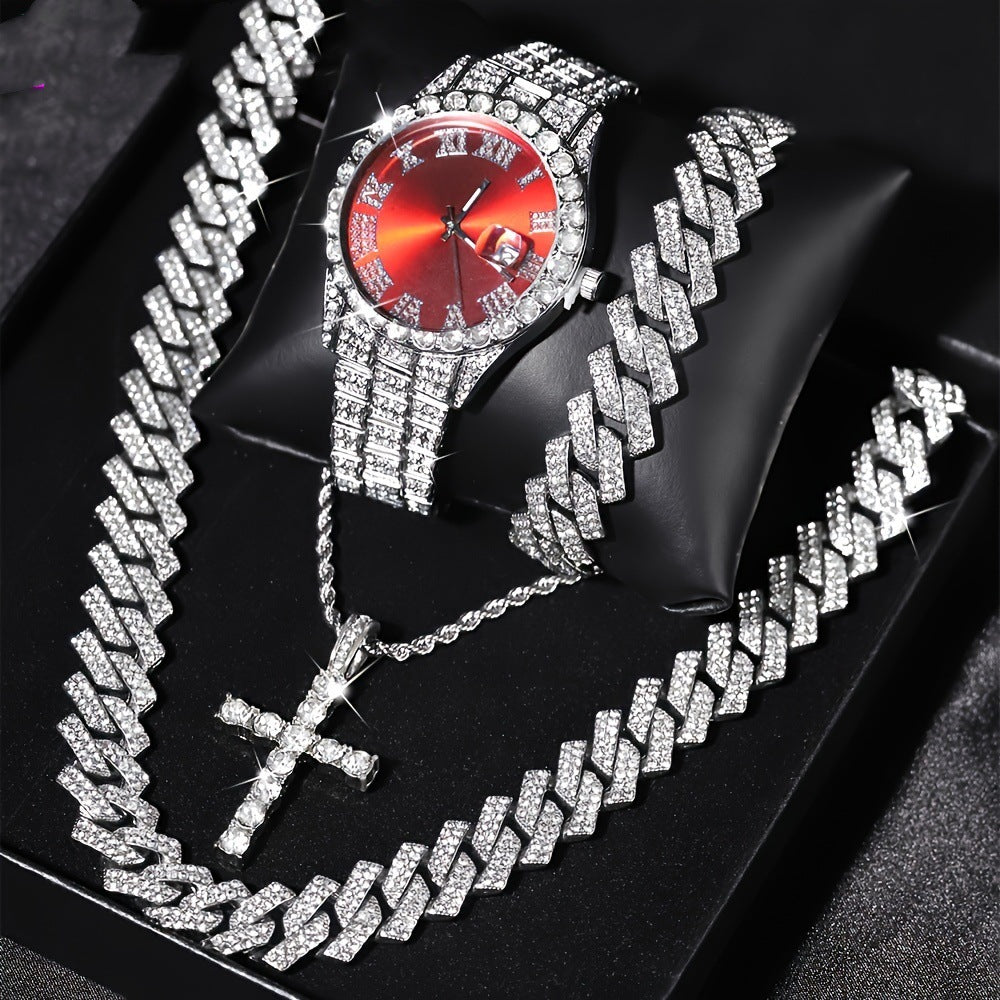Diamond Luxury Steel Belt Quartz Watch Cuban Bracelet
