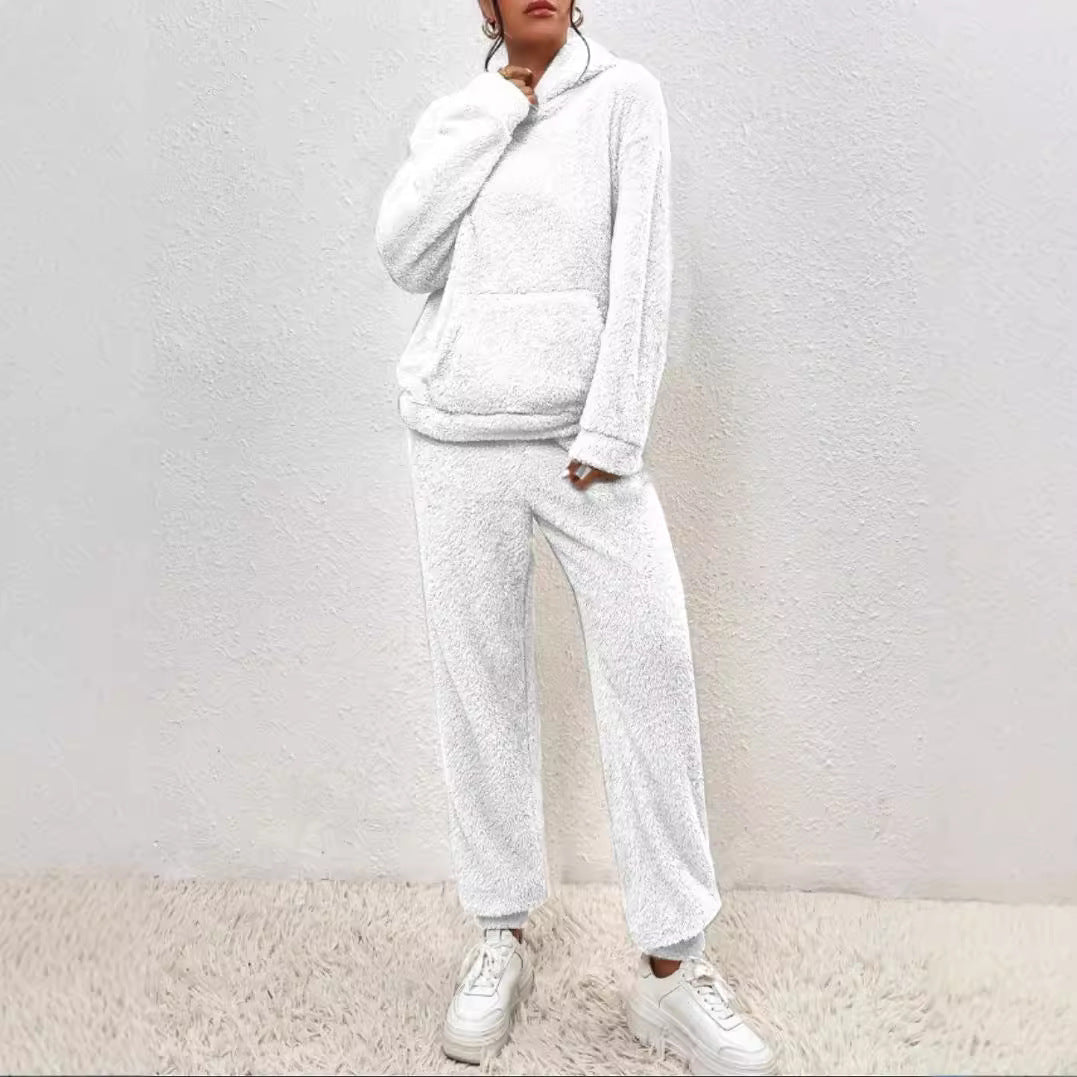 Winter Plush Pajama Set Fashion Casual Hooded Top And Elastic Band Pants Warm Sofa Carpet Home Clothes Women's Trousers Set Clothing