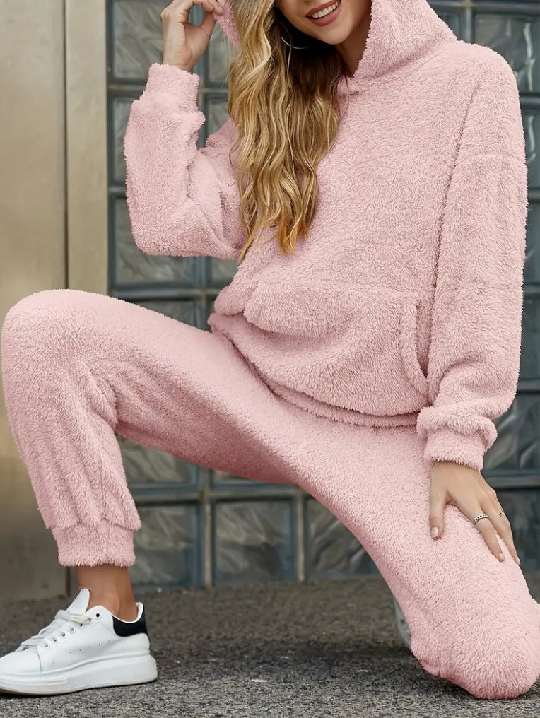 Winter Plush Pajama Set Fashion Casual Hooded Top And Elastic Band Pants Warm Sofa Carpet Home Clothes Women's Trousers Set Clothing