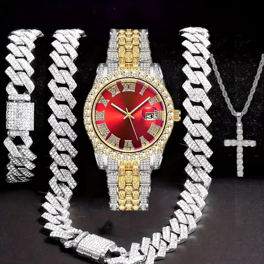Hip Hop Bracelet Necklace Diamond-embedded Watch Suit