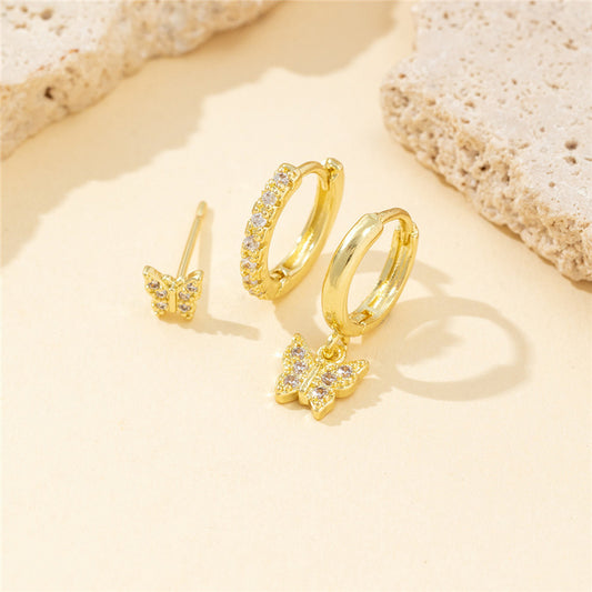 New Copper Inlaid Zirconium Butterfly Studs Ear Clip Set