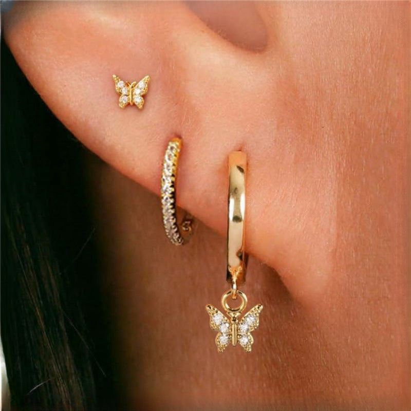 New Copper Inlaid Zirconium Butterfly Studs Ear Clip Set